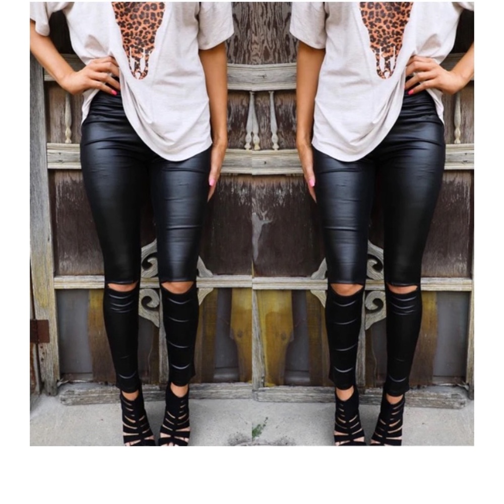 Skinny ripped leather legging pants